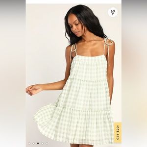 Lulus Just Checked In Light Green Gingham Tie-Strap Shift Mini Dress